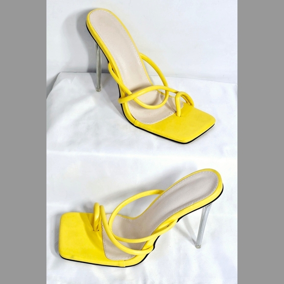 Size 8.5 Bold Yellow Square Toe Heels with Clear Stiletto - Picture 4 of 6